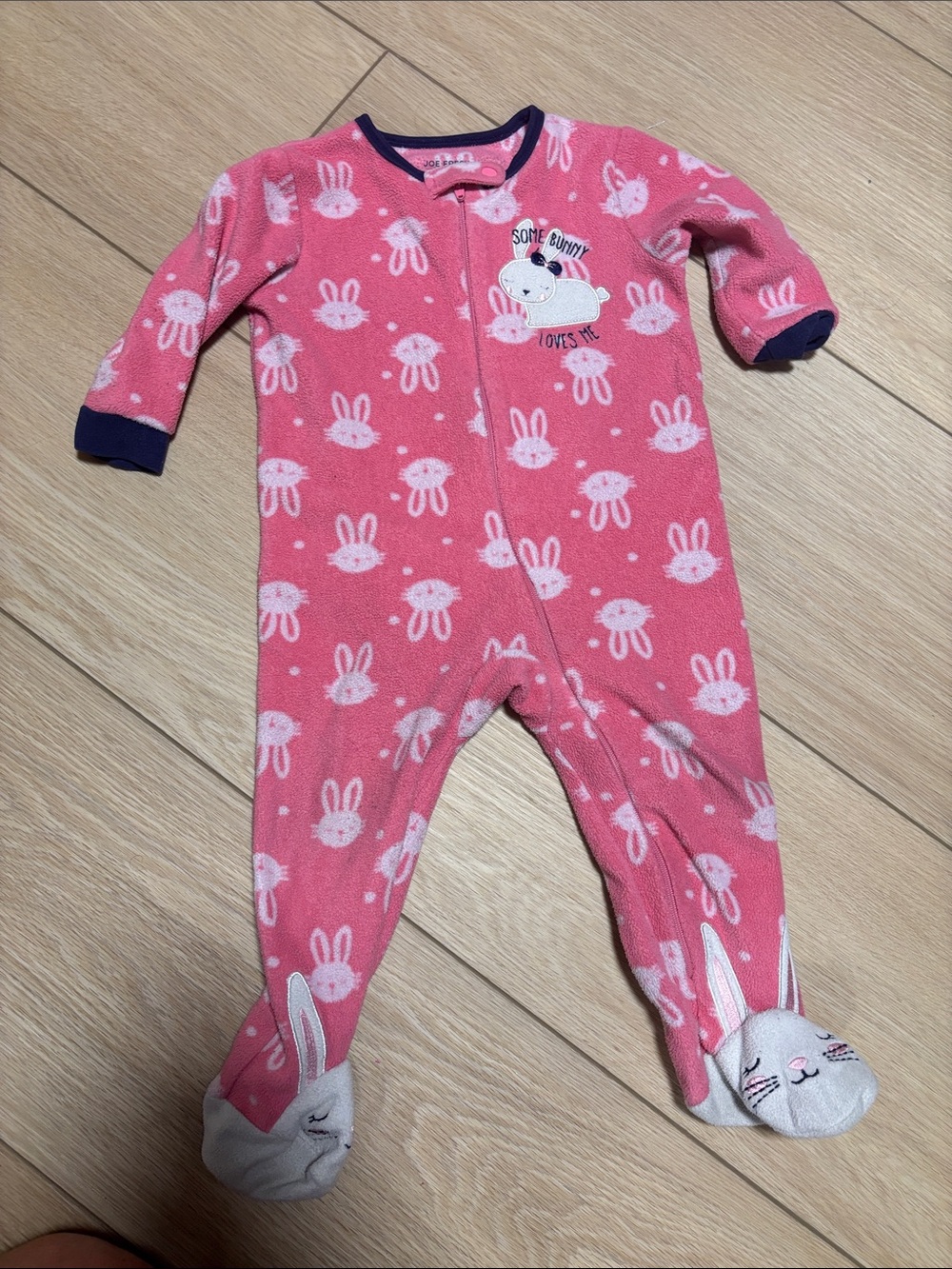 Joe Fresh Pink Bunny-Print Footed One-Piece with Navy Trim